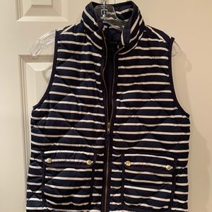 J CREW Womens Small Quilted Down Vest Full Zip Puffer Navy Blue White Striped